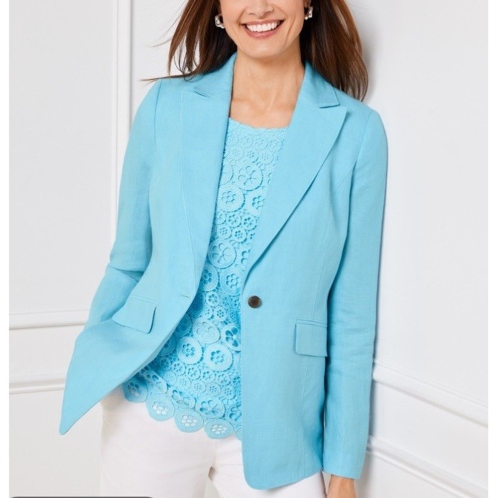 Talbots Classic Linen Blazer Aqua Blue Coastal Resort Career Preppy Size 16